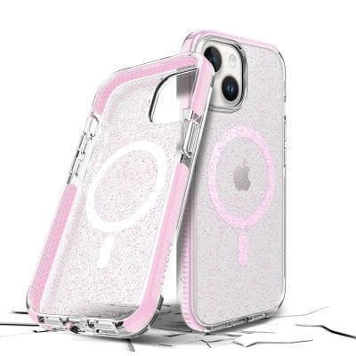 Różowo - brokatowe etui ProdiGee Superstar Rose z MagSafe, iPhone 13/14 - front i tył