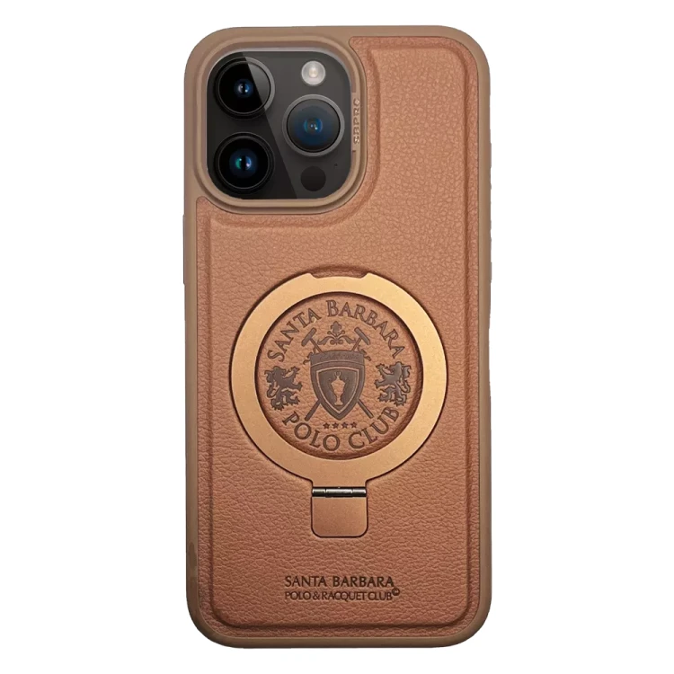 Skórzane, brązowe etui z logo SBPRC i ringiem MagSafe jako podstawka - iPhone 15