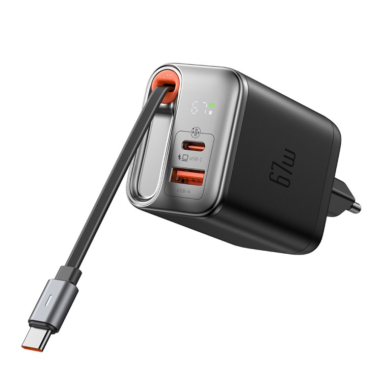 Ładowarka Sieciowa MCDODO 67W 1C+1A Digital Display GaN Charger Built-in 65cm retractable A-C Cable, Czarna